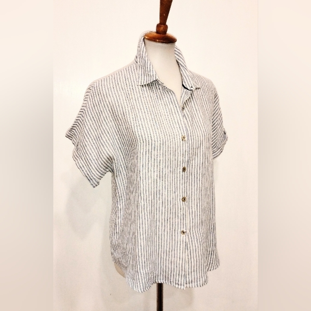 STRIPED LINEN CAP SLEEVE BLOUSE